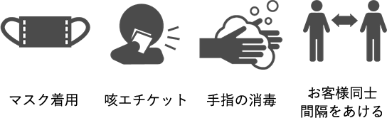 マスク着用 咳エチケット 手指の消毒 お客様同士間隔をあける