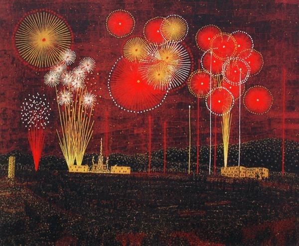 山下清リトグラフ「富田林の花火」額付き　