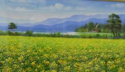 　守山市　雪山と「菜の花畑」開花のおみやげに！油絵絵画で思い出作り！