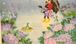 6月の雨、あじさいの花は紫色に光る。こうもり傘は雨の中で咲く花。藤城清治「あじさいと少年」リトグラフ！